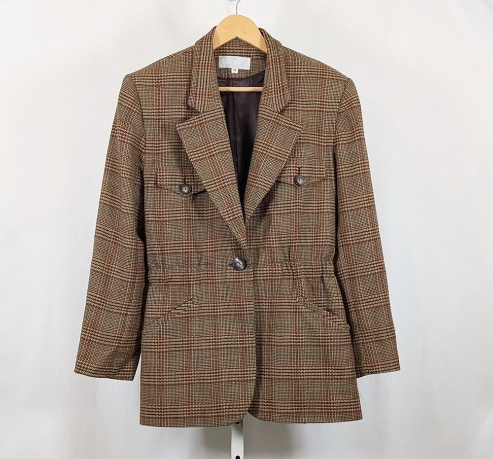 Vintage 90s Jacket Brown Plaid Wool Blazer Women's Size 12 Worth